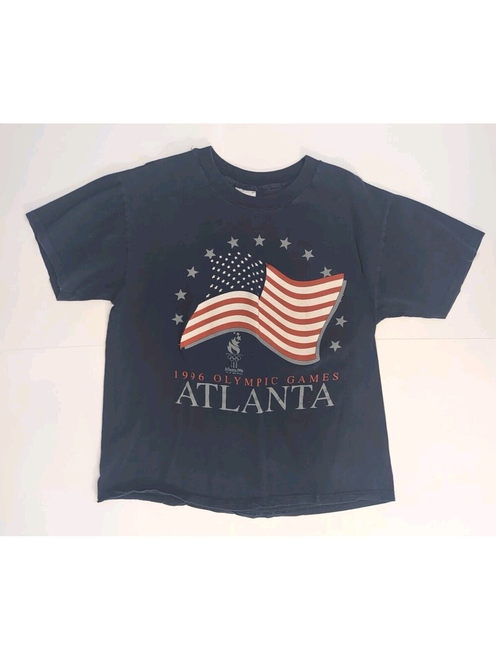 Vintage 1996 Olympic Games T-Shirt Atlanta USA Flags Navy Blue Hanes Mens Med